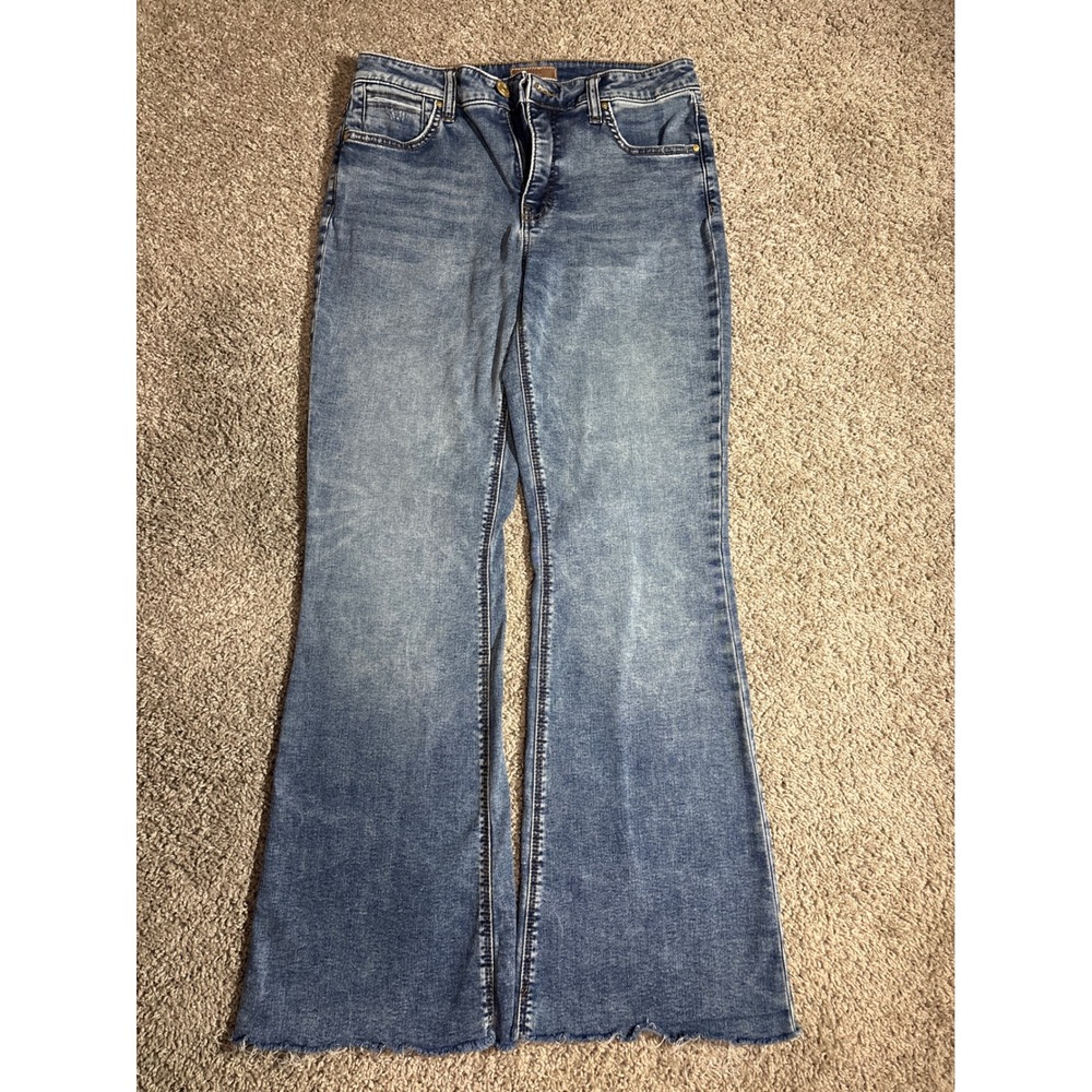 Women Medium Wash High Rise Flare Jeans‎ Raw Hem Denim Pants 6